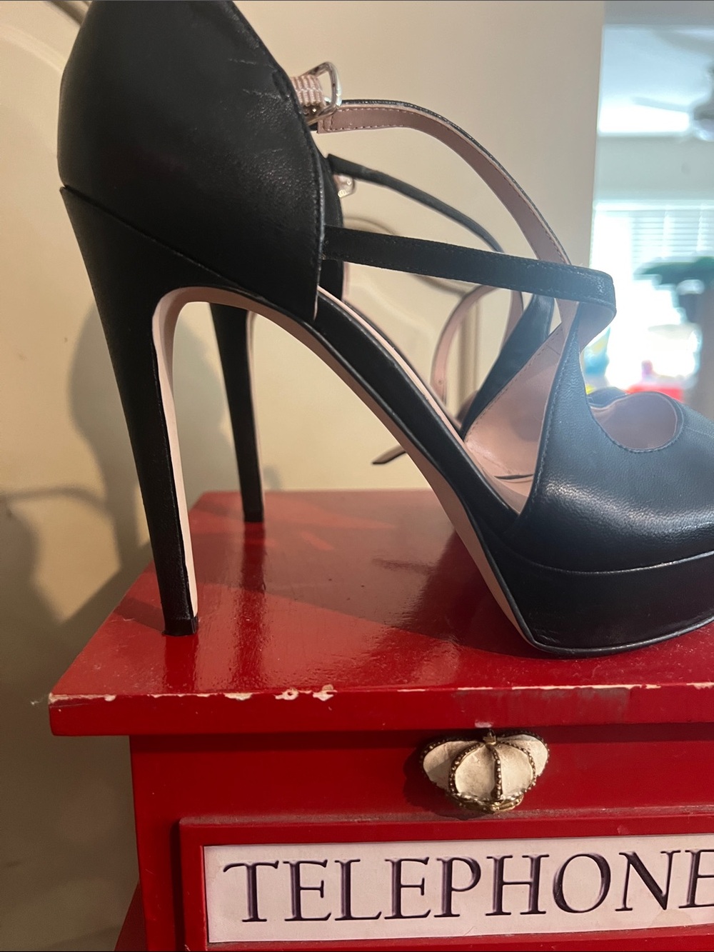Black Strappy Peep-Toe Leather Platform Heels - Picture 4 of 6